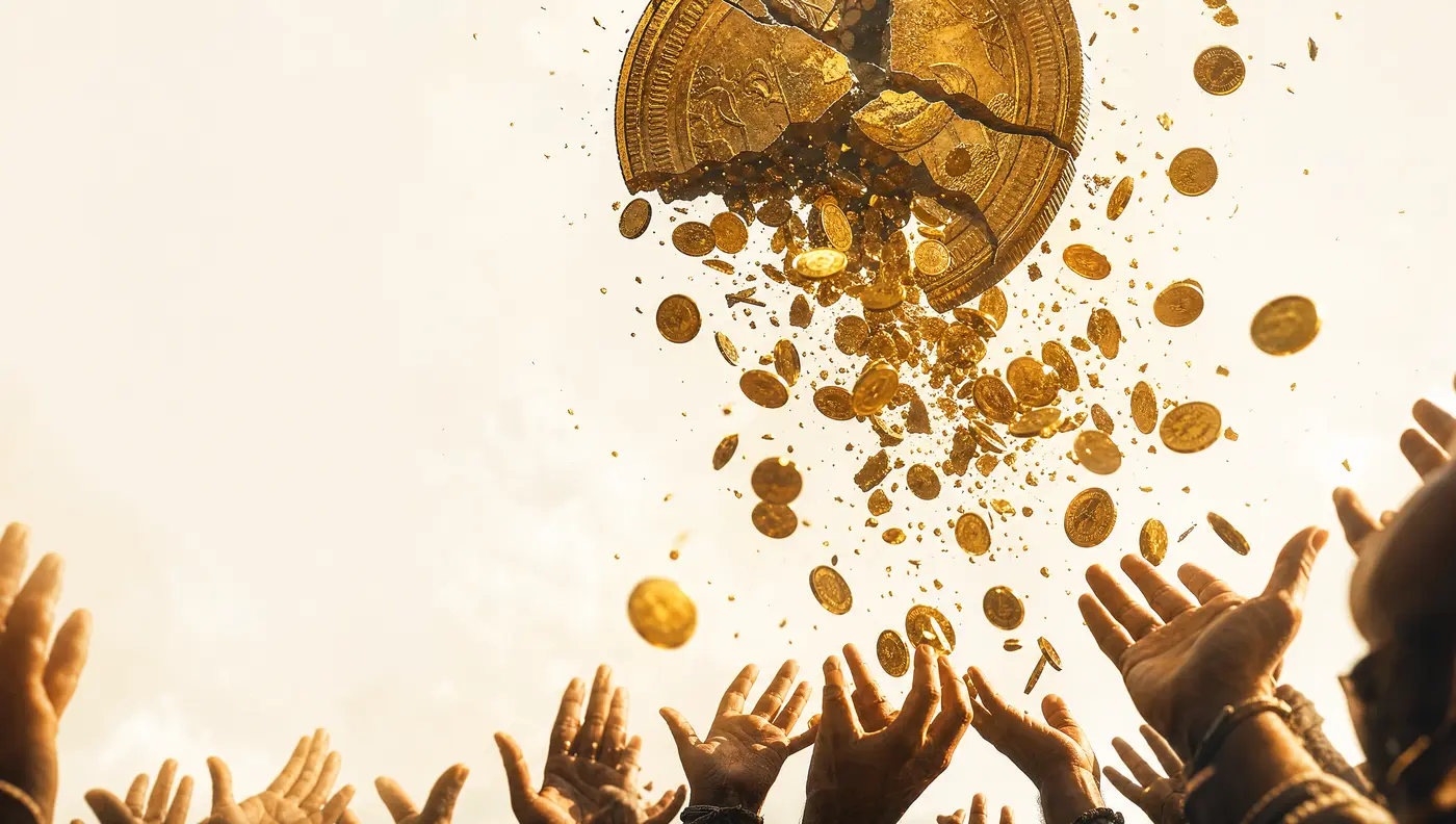 A giant gold coin cracking open and raining coins into a crowd of open hands