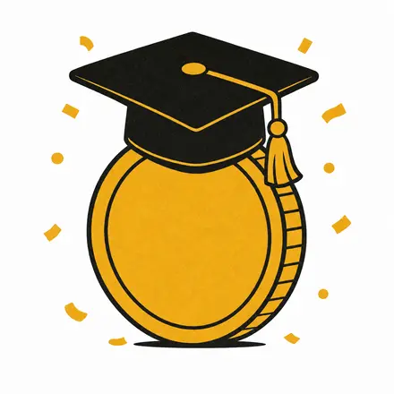 Illustration of a graduation cap resting on a large gold coin